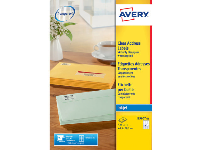 Adresetiket Avery 63,5x38,1mm transparent 25 Vel 21 Etiketten pro Vel