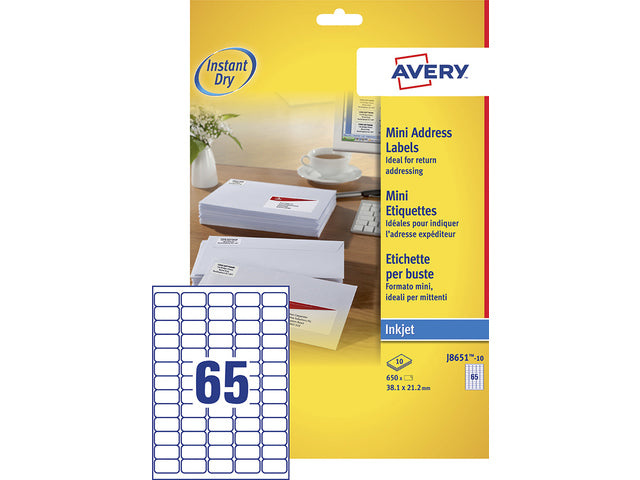 inkjetetiket Avery 38,1x21,2mm wit 10 vel 65 etiketten per vel