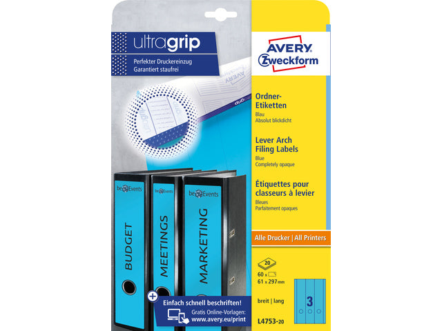 ordnerrugetiket Avery 297x61mm blauw 20 vel 3 etiketten per vel