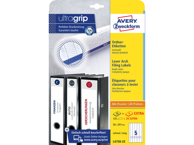 ordnerrugetiket Avery 297x38mm wit 25 vel 5 etiketten per vel