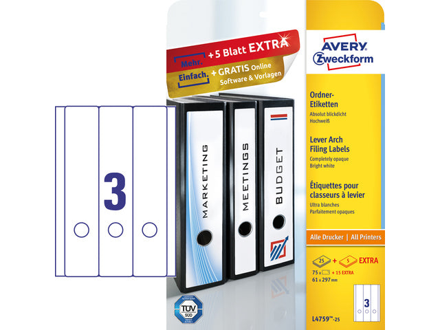 ordnerrugetiket Avery 297x61mm wit 25 vel 3 etiketten per vel