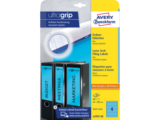 ordnerrugetiket Avery 192x61mm blauw 20 vel 4 etiketten per vel