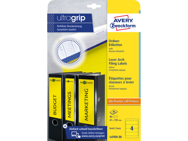 ordnerrugetiket Avery 192x61mm geel 20 vel 4 etiketten per vel