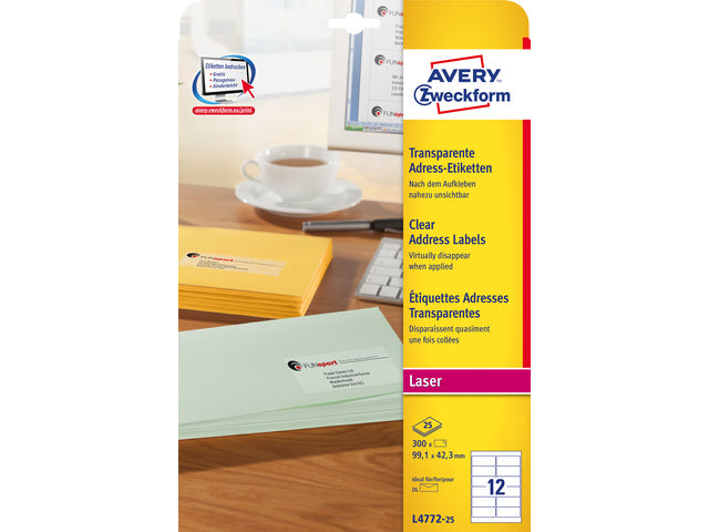 laseretiket Avery 99,1x42,3mm transparant 25 vel 12 etiketten per vel