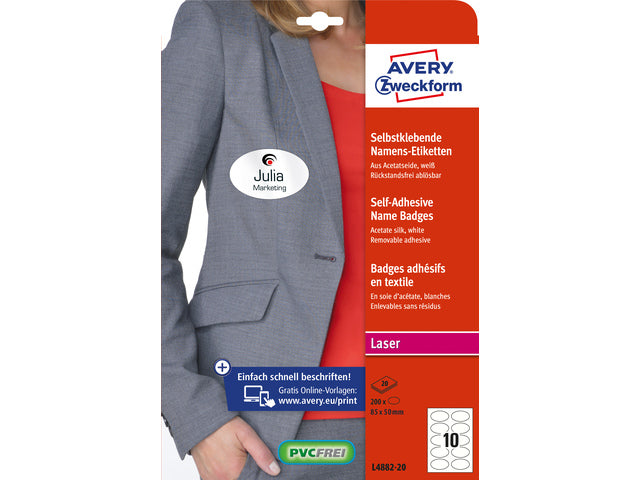 Naambadge zelfkl. Zweckform ovaal 85x50mm met afneembare 200 etiketten 20 vel laser