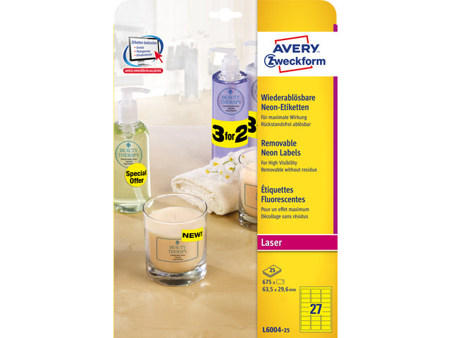 laseretiket Avery 63,5x29,6mm 25 vel 27 etiketten per vel neongeel
