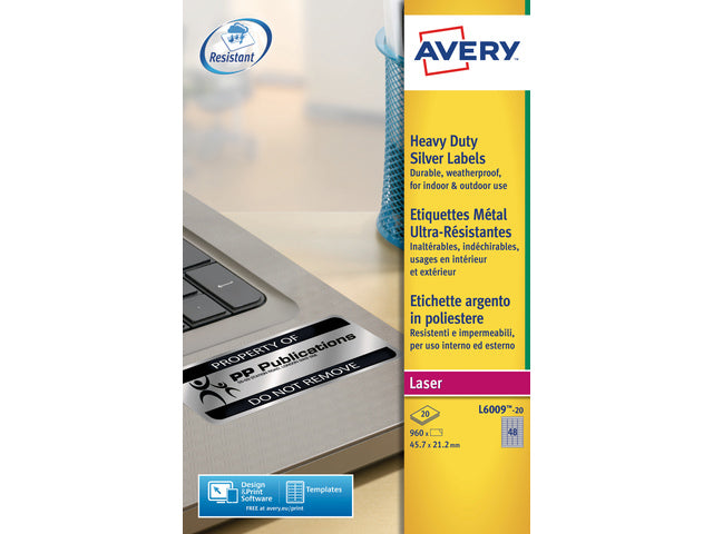 Laseretikett Avery 45,7x21,2mm 20 Vel 48 Etiketten pro Vel Silber