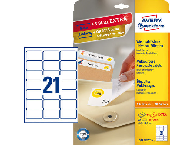 Etikett Avery ILK 63,5x38,1mm NP 25 Vel 21 Etiketten pro Vel wit