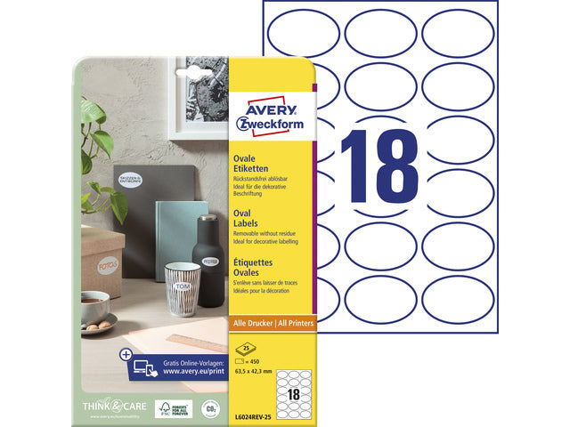 Etikett Avery ILK 63,5x42,3mm NP 25 Vel 18 Etiketten pro Vel wit