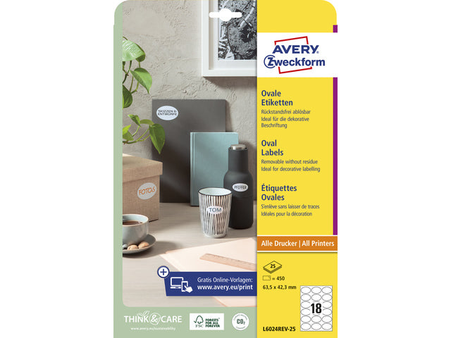 Etikett Avery ILK 63,5x42,3mm NP 25 Vel 18 Etiketten pro Vel wit
