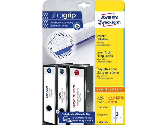 ordnerrugetiket Avery 297x59mm 25 vel 3 etiketten per vel wit