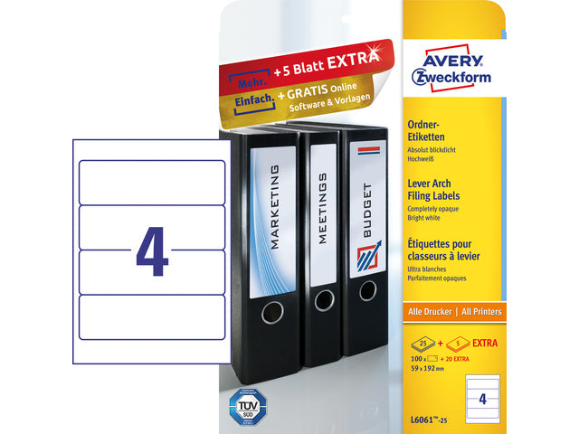 ordnerrugetiket Avery 192x59mm 25 vel 4 etiketten per vel wit