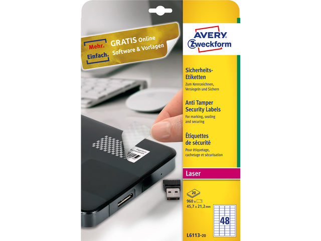 veiligheidsetiket Avery 45,7x21,2mm wit 20vel 48 etiketten per vel