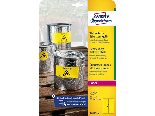 Laseretiket Avery 99,1x139mm polyester geel doos 20 vel 4 et. per vel