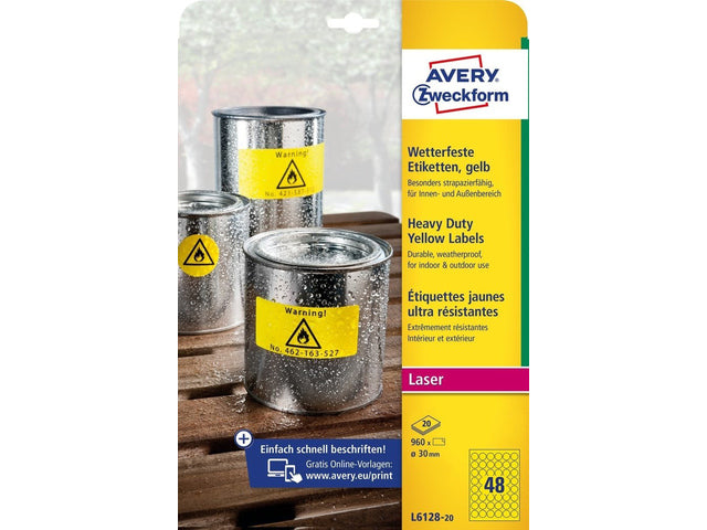 laseretiket Avery rond 30mm geel 20 vel 48 etiketten per vel