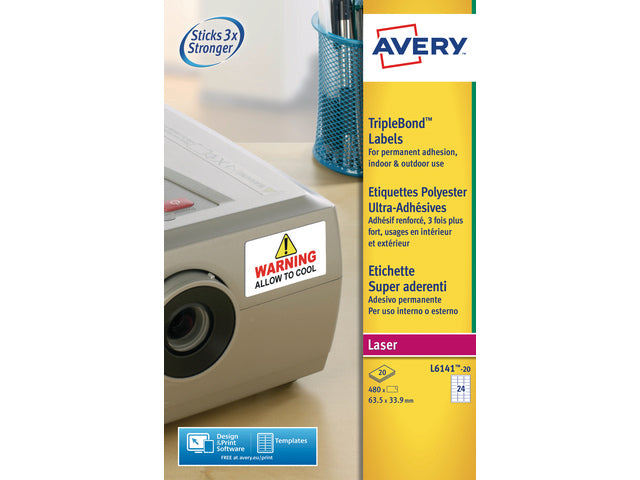 laseretiket Avery 63,5x33,9mm wit 20 vel 24 etiketten per vel