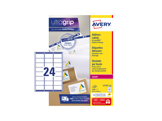 Adresetiket Avery QuickPeel 63,5x33,9 mit 100 Vel, 24 Etiketten pro Vel