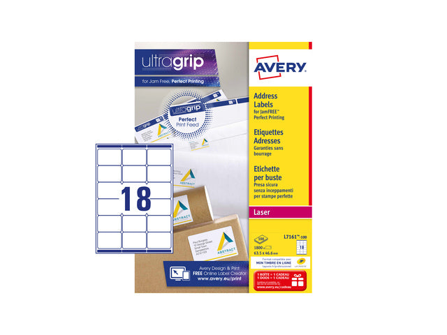 Adresetiket Avery QuickPeel 63,5x46,6 mit 100 Vel, 18 Etiketten pro Vel