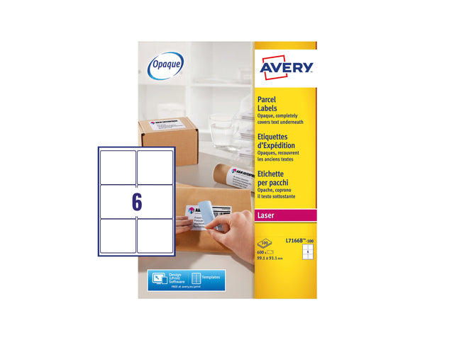 Verzendetiket Avery Block-out, 99,1 x 93,1mm met doos 100 vel, 6 etiketten per vel