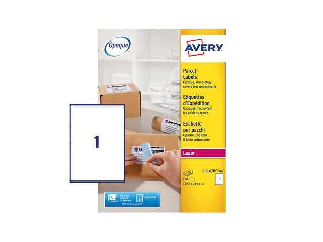 Verzendetiket Avery Block-out, 199,6x289,1mm met doos 100 vel, 1 etiketten per vel