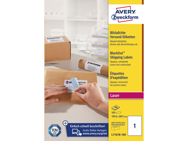 Verzendetiket Avery Block-out, 199,6x289,1mm met doos 100 vel, 1 etiketten per vel