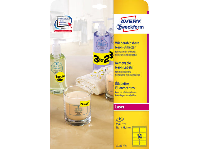 Adresetiket Avery 99,1x38,1mm neongelb 25 Vel 14 Etiketten pro Vel