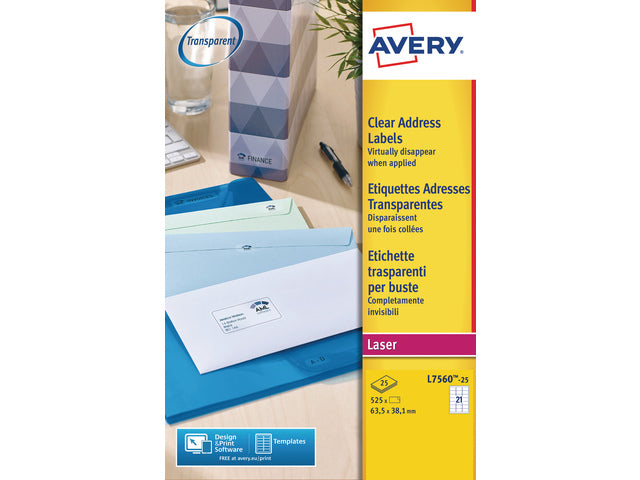 laseretiket Avery 63,5x38,1mm transparant 25 vel 21 etiketten per vel