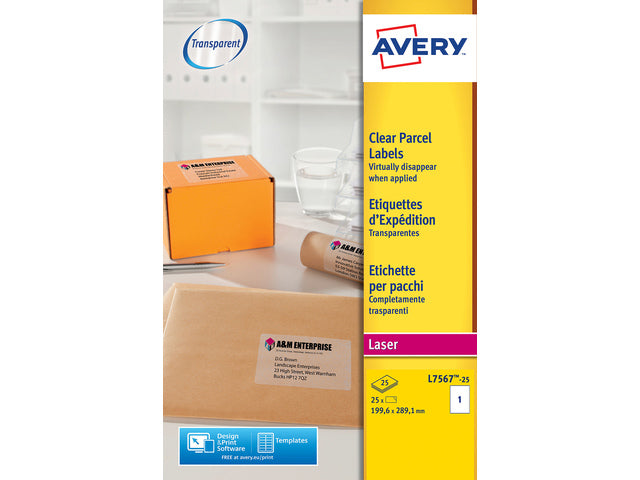 Laseretikett Avery 210 x 297 mm, transparent, 25 Vel, 1 Etikett pro Vel