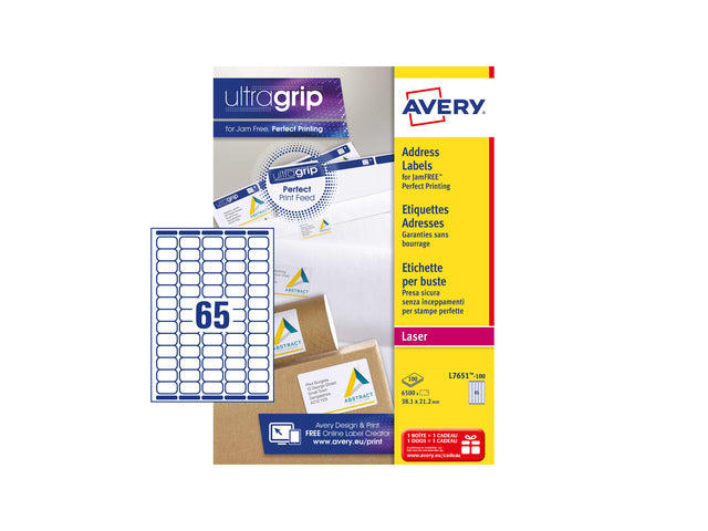 Laseretikett Avery 38,1 x 21,2 mm mit 100 Etiketten, 65 Etiketten pro Folie