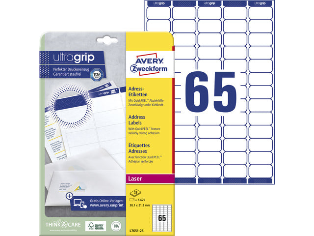 Laseretikett Avery 38,1 x 21,2 mm mit 25 Vel, 65 Etiketten pro Vel