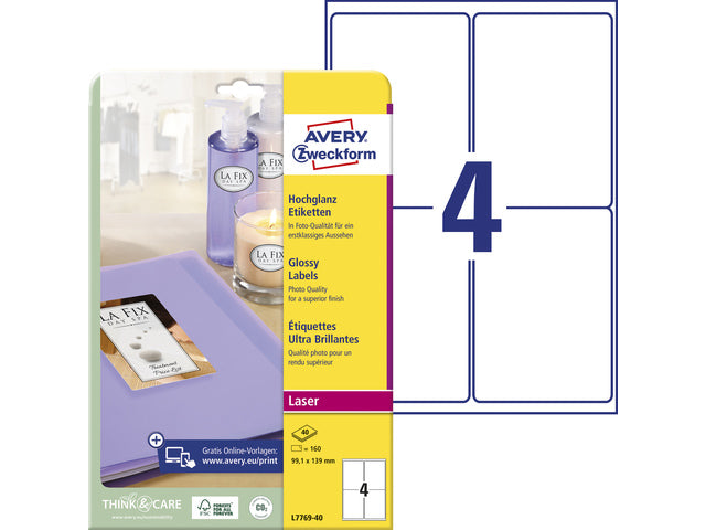 Etiket hoogglans Avery 139x9,1 mm, wit doos 40 vel 4 etik/vel permanent