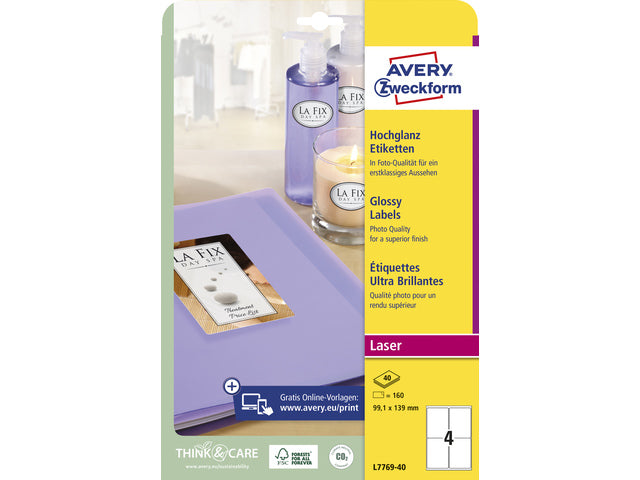 Etiket hoogglans Avery 139x9,1 mm, wit doos 40 vel 4 etik/vel permanent