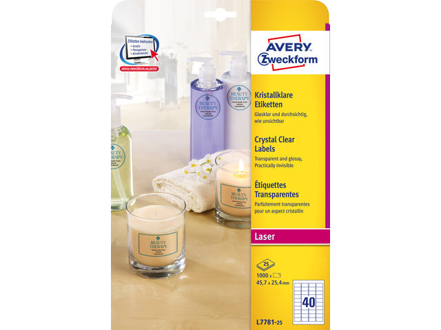 laseretiket Avery 45,7x25,4mm transparant 25 vel 40 etiketten per vel