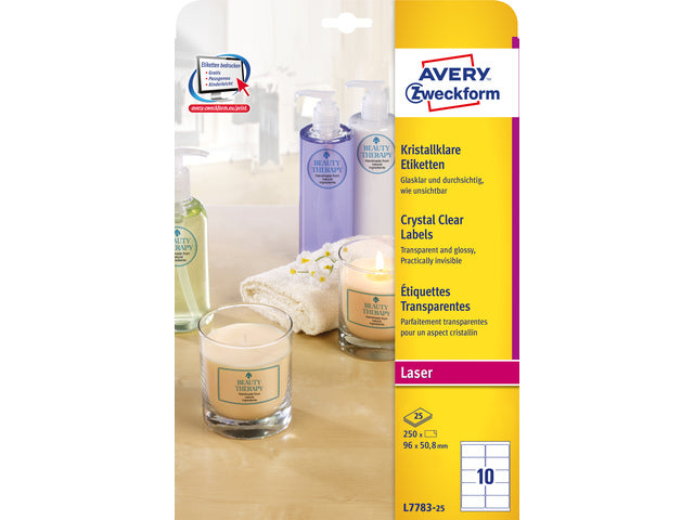 laseretiket Avery 96x50,8mm transparant 25 vel 10 etiketten per vel