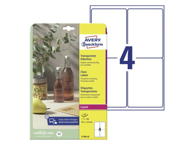 Laseretiket Avery 99,1x139mm transparant 25 vel 4 etiketten per vel