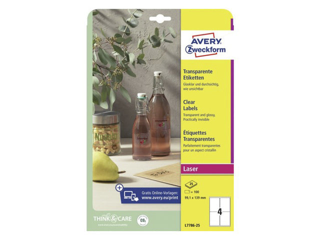 Laseretiket Avery 99,1x139mm transparant 25 vel 4 etiketten per vel