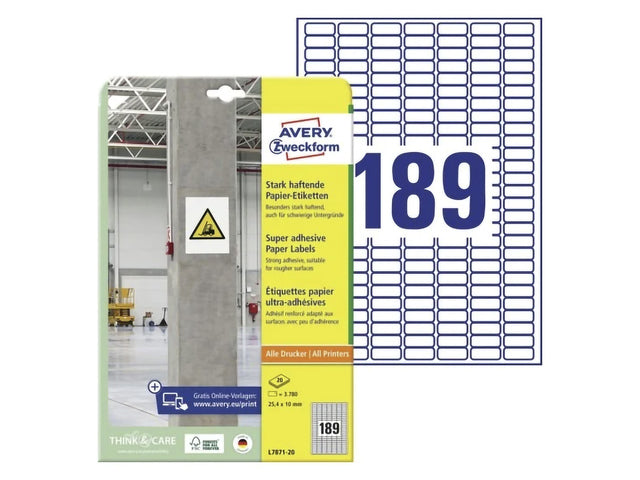 Etikett Avery, selbstklebend, 25,4 x 10 mm, mit permanentem 20-Vel, 189 Etiketten pro Vel