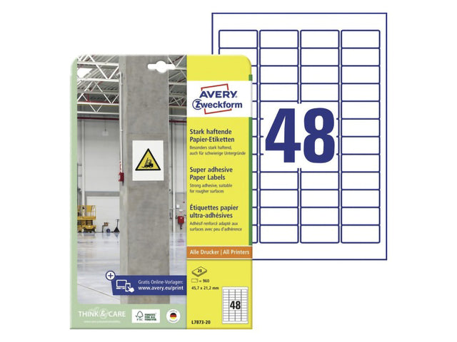 Etikett Avery, selbstklebend, 45,7 x 21,2 mm, mit permanentem 20-Klebeband, 48 Etiketten pro Klebefolie