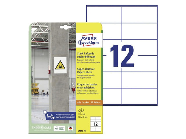 Etikett Avery selbstklebend, 105 x 48 mm, mit permanenten 20 Etiketten, 12 Etiketten pro Folie