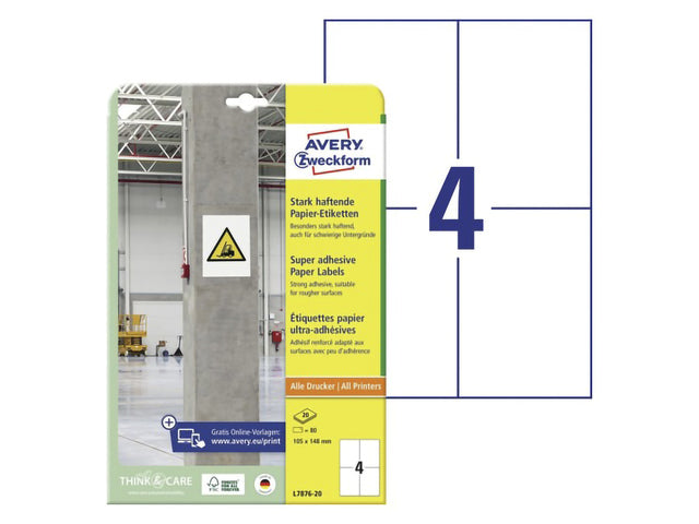 Etikett Avery, selbstklebend, 105 x 148 mm, mit permanentem 20-lagigem Etikett, 4 Etiketten pro Etikett