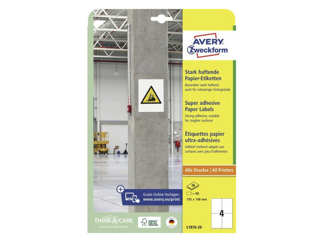 Etikett Avery, selbstklebend, 105 x 148 mm, mit permanentem 20-lagigem Etikett, 4 Etiketten pro Etikett