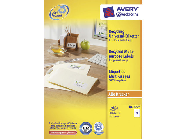 Etiketten Avery ILK 70x36mm recycelt 100 Blatt 24 Etiketten pro Blatt weiß