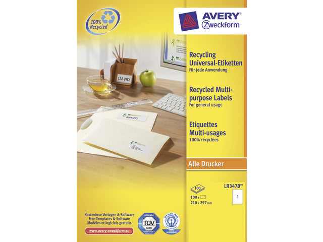 Etiketten Avery ILK 210x297mm recycelt 100 Blatt 1 Etiketten pro Blatt weiß