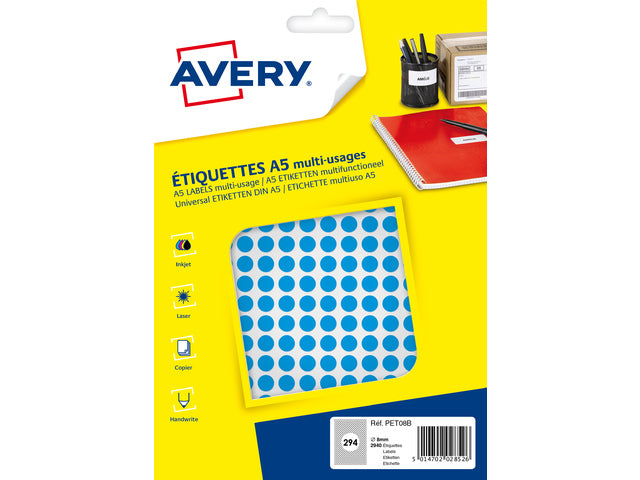 Avery PET08B verpakking met 2940 markeringspunten - diameter 8 mm - A5-vel - Blauw