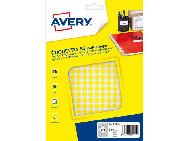 Avery PET08J verpakking met 2940 markeringspunten - diameter 8 mm - A5-vel - Geel