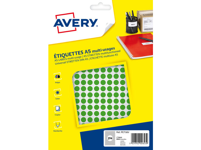 Avery PET08V verpakking met 2940 markeringspunten - diameter 8 mm - A5-vel - Groen