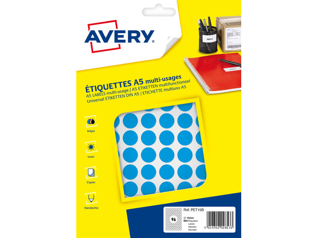 Avery PET15B verpakking met 960 markeringspunten - diameter 15 mm - A5-vel - Blauw