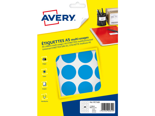 Avery PET30B verpakking met 240 markeringspunten - diameter 30 mm - A5-vel - Blauw
