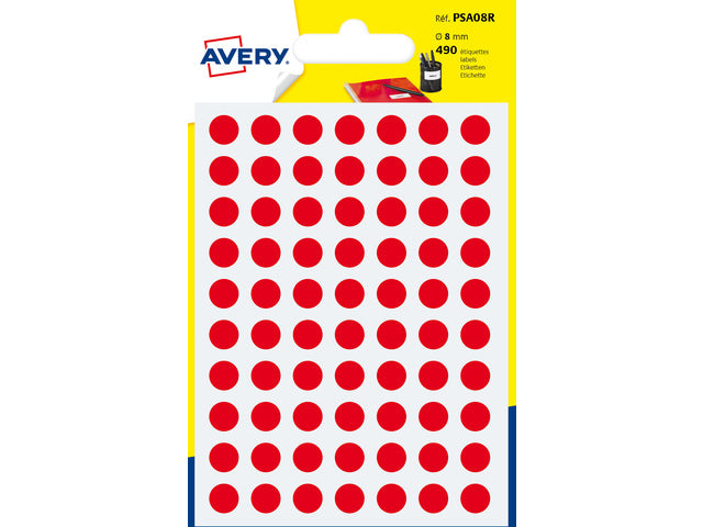 Avery PSA08R verpakking met 490 markeringspunten - diameter 8 mm - A6-vel - Rood