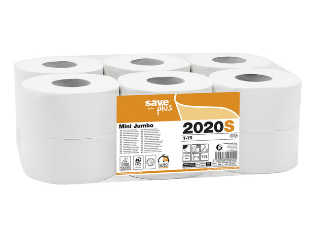 Toiletpapier Celtex Save Mini Jumbo 2-laags wit 150 meter krimp a 12 rol